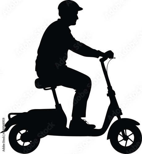 Silhouette of a man riding an electric scooter wearing a cap