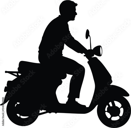 Silhouette of a man riding a motor scooter on a white background