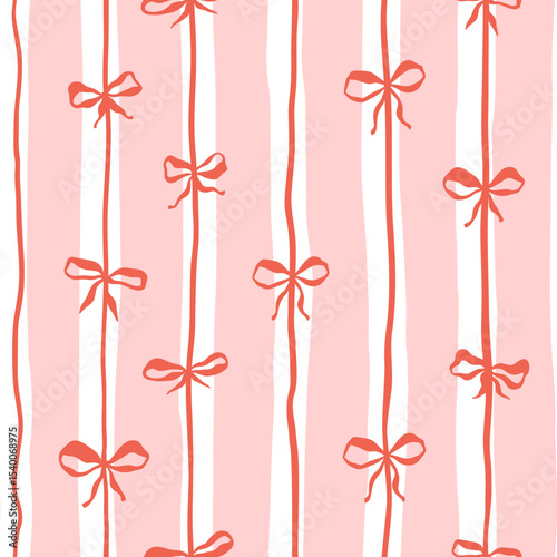Pink Whimsical Vertical Stripes Bold Color Vector Seamless Pattern, Summer Striped Ribbon Bows Travel Themed Design, Coquette Fabric Textile, Kitchen Decor. Simple Illustration Background