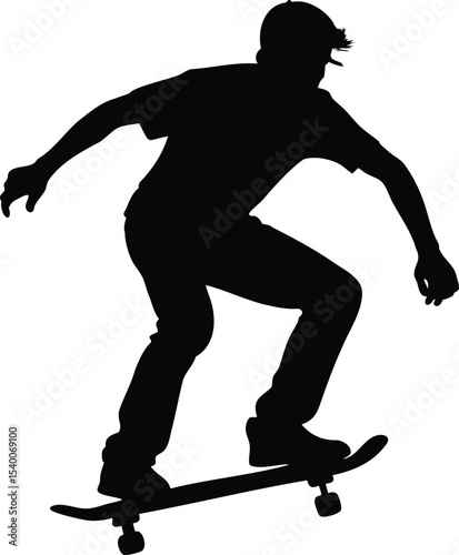 Black silhouette of skateboarder performing an ollie on a white background