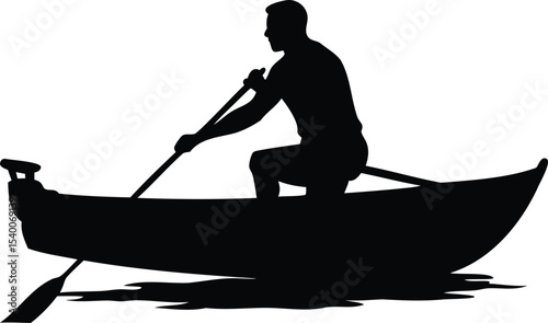 Silhouette of a man rowing a boat on the water in monochrome