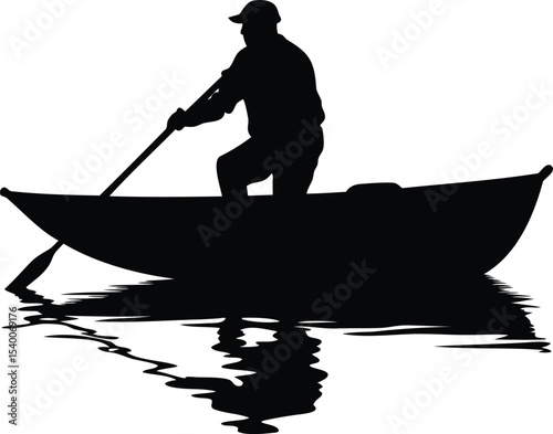 Silhouette of a man rowing a boat with reflections on the water