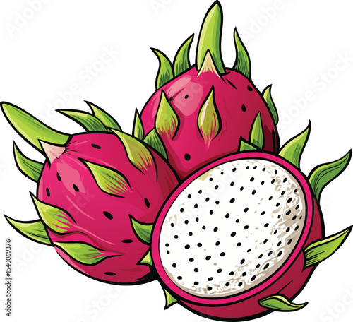Adobe Illustrator Artwork , Colorful Vector Illustration of Fresh Whole Dragon Fruit,  Tropical Exotic Fruit Design, new 2025 trendy