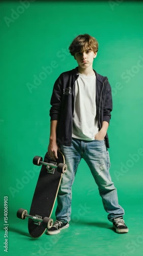 A young Caucasian boy stands confidently with a skateboard on a green screen background. He wears a white t-shirt, jeans, and a dark hoodie.