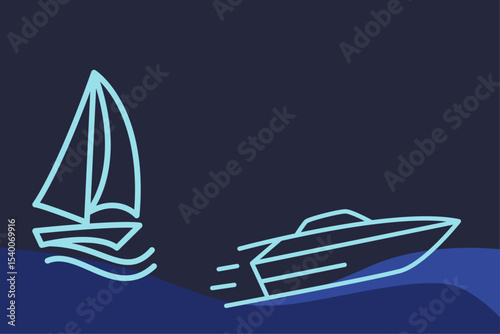 Minimalistic line illustration of a yacht and sailboat on the sea at night