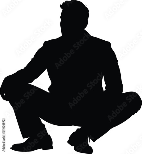 Black Silhouette of a Man in a Squatting Position on White Background