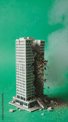 A model of a tall building with a large hole in the center. Debris and dust surround the structure. The background is a solid green color, creating an isolated effect.
