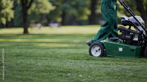 A man mowing the lawn. Man mowing grass in the park. Green gardener outdoors in summer. A man cutting the grass lifestyle.