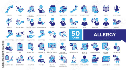 Allergy icon solid two color set collection. This set includes dermatology, inflammation, diagnosis, medical results, treatment and more icons in solid style. Vector icons collection for infographics