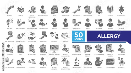 Allergy solid icon set collection. This set includes dermatology, inflammation, diagnosis, medical results, treatment and more icons in solid style. Vector icons collection for infographics