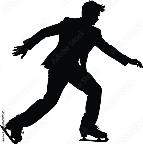 Silhouette of a man ice skating in a suit on white background