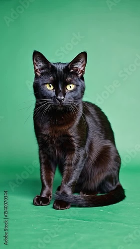 A black domestic cat sits on a green background. The cat has shiny fur, bright yellow eyes, and a sleek build. It appears alert and curious.