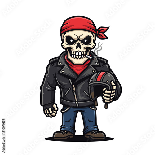 Cartoon skull pirate biker character with leather jacket, red bandana, and helmet, perfect for rebellious-themed mascot or Halloween designs.
