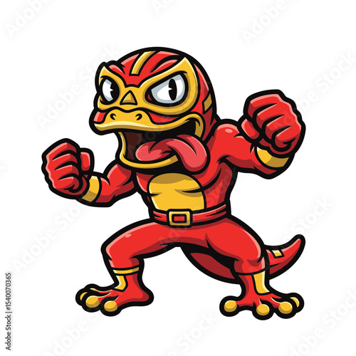 Cartoon lizard wrestler with mask and dynamic pose, perfect for sports, martial arts, or action-themed illustrations and mascot concepts.