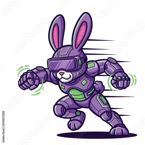 Futuristic bunny in purple armor running fast, a superhero rabbit character suitable for tech or gaming illustrations and children’s designs.