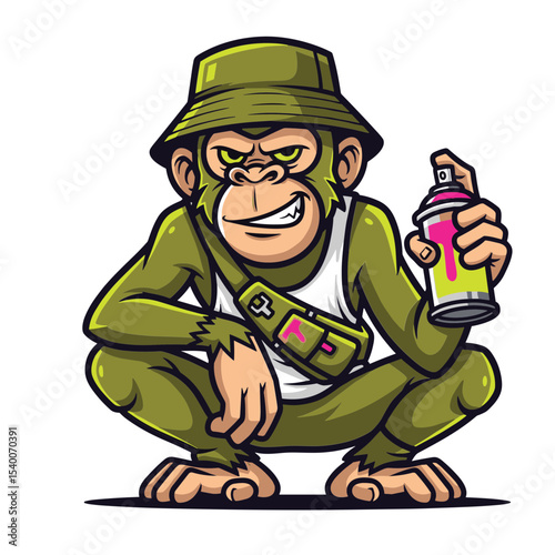Cool graffiti monkey holding spray paint, dressed in streetwear style with bucket hat, ideal for urban, hip hop, or street art themed illustrations.