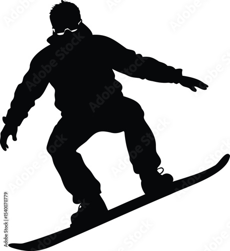 Silhouette of a snowboarder performing a trick on a white background