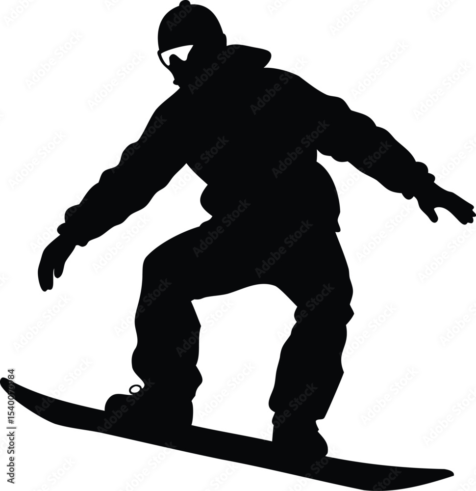 Fototapeta premium Silhouette of snowboarder in action, performing a jump on a white background