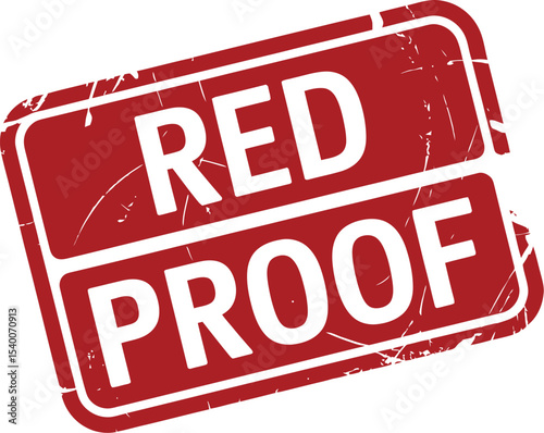 A red proof stamp with a distressed texture on a white background in a tilted rectangular shape