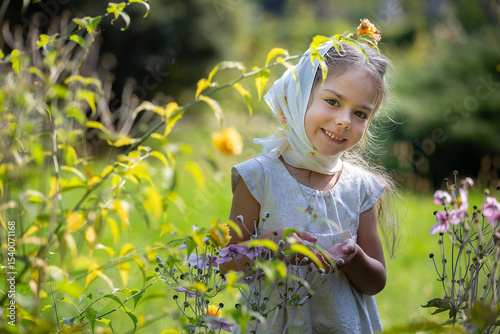 Young girl in a garden enjoying colorful flowers on a sunny day