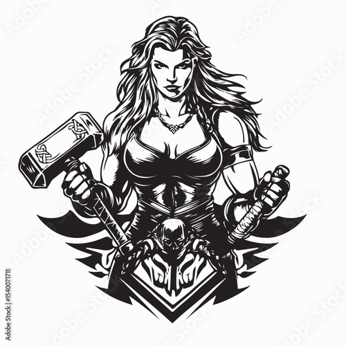 Fearless Viking Woman Warrior Holding a Giant Hammer  image vector isolated on white background.