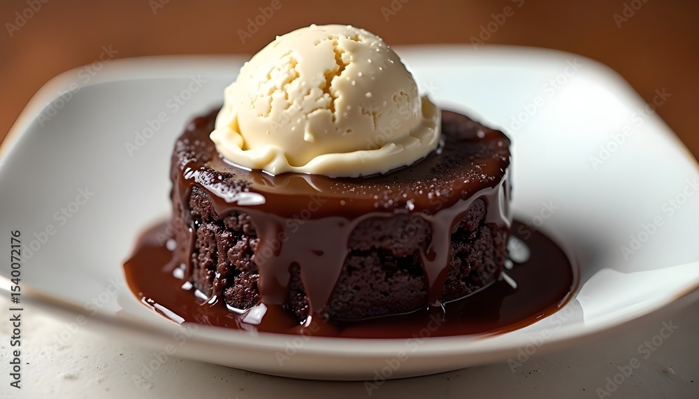 Small round chocolate lava cake with vanilla ice cream on top, drizzled in fudge sauce and melting into the center of its white plate Small round chocolate lava cake with vanilla ice cream on top, drizzled in fudge sauce and melting into the center of its white plate