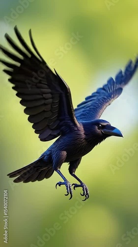 A black raven in mid-flight against a green background. The bird displays its wings fully extended, showcasing its glossy feathers and sharp beak.