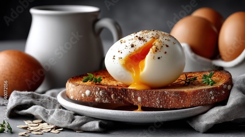 Breakfast of boiled egg and toasted bread served on a white plate on a gray table for a nutritious start to the day