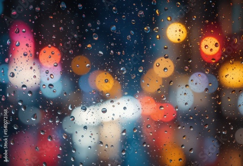 Primer plano de gotas de lluvia en una ventana con luces de la ciudad borrosas en el fondo, estado de ánimo nocturno