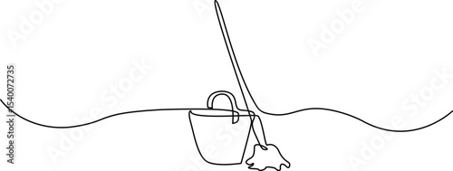 Continuous one line drawing of mop and bucket. Cleaning concept, Single line draw design vector graphic illustration. Cleaning tools one line colored continuous drawing. Floor mop, plunger, Vector 