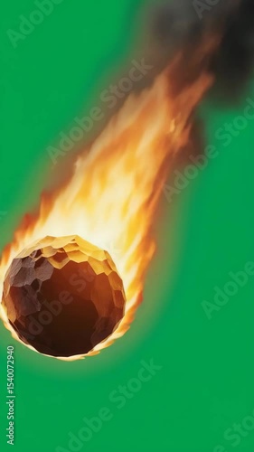 A fiery meteor streaks through a green background. The meteor has a rocky surface and emits bright flames, creating a dramatic visual effect.