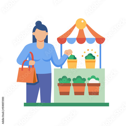 Woman buying plants happily at a market stall with colorful pots on a white background
