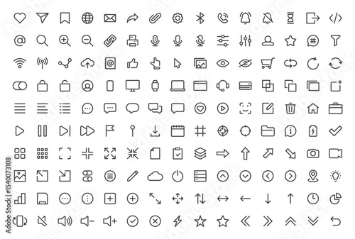 User Interface ui, ux web icons in line style. User, profile, message, mobile app, document file, social media, button, home, chat, arrow, collection. Vector illustration.