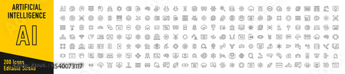 Artificial Intelligence web icons in line style. Innovation technology, virtual, learning, assistant, test, machine, robot, bot, brain, collection. Vector illustration.