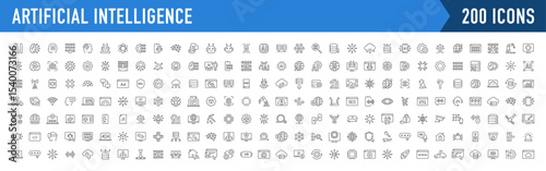 Artificial Intelligence web icons in line style. Innovation technology, virtual, learning, assistant, test, machine, robot, bot, brain, collection. Vector illustration.
