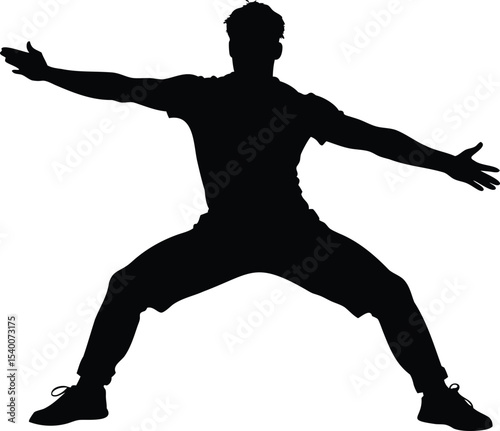 Black Silhouette of a man balancing, stretching, or preparing for activity