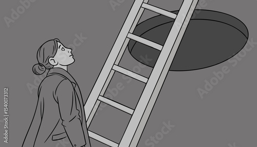 A character stands in contemplation beneath a ladder that extends upward to a dark opening, symbolizing exploration, adventure, and the allure of the unknown                     