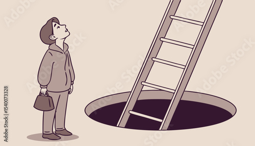 A character stands in contemplation beneath a ladder that extends upward to a dark opening, symbolizing exploration, adventure, and the allure of the unknown                     