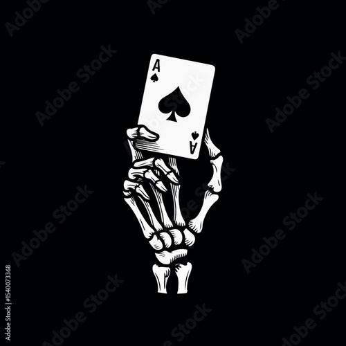 Skeleton Hand Holding Ace of Spades Card. Ace of Spades Skeleton Hand Illustration. Poker Hand Skull Playing Card Design. Gothic Skeleton Card Player Image. Macabre Card Game Graphic Art