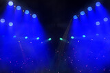 A light show with many lights in the air. The lights are blue and purple. The lights are in the air and are not on the ground