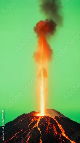 A volcanic eruption with bright orange lava and ash against a green background. The scene is isolated, highlighting the dramatic natural phenomenon.