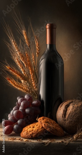 Still life with wine, bread, grapes, and wheat