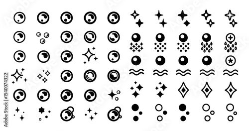 Bubble and Foam Glyph Icon Set – Vector Black Silhouettes of Water Bubbles, Effervescent Air, Cleanliness, Sparkle, and Underwater Motion Symbols