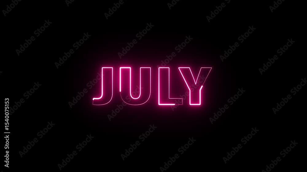  July Month Name in Glowing purple color Neon Style – 3D Animated Text Icon in HD
