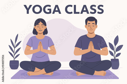 Peaceful Yoga Class Scene in Flat Style Featuring a Female Instructor and Male Participant Practicing Meditation Vector Illustration