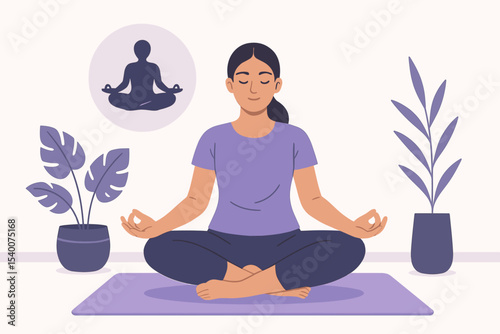 Modern Flat Style Woman Practicing Yoga Outdoors on Mat with Calm Nature and Decorative Plants Vector Illustration