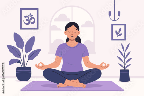 Modern Flat Style Woman Practicing Yoga indoors on Mat with Calm Nature and Decorative Plants Vector Illustration