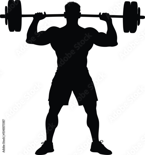 Silhouette of a muscular man lifting heavy barbell in a squat position
