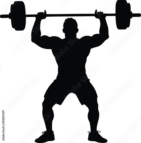 Silhouette of muscular man lifting barbell overhead in a gym, fitness power