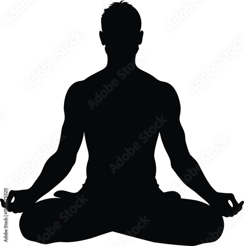 Black silhouette of a man meditating in lotus pose on white background